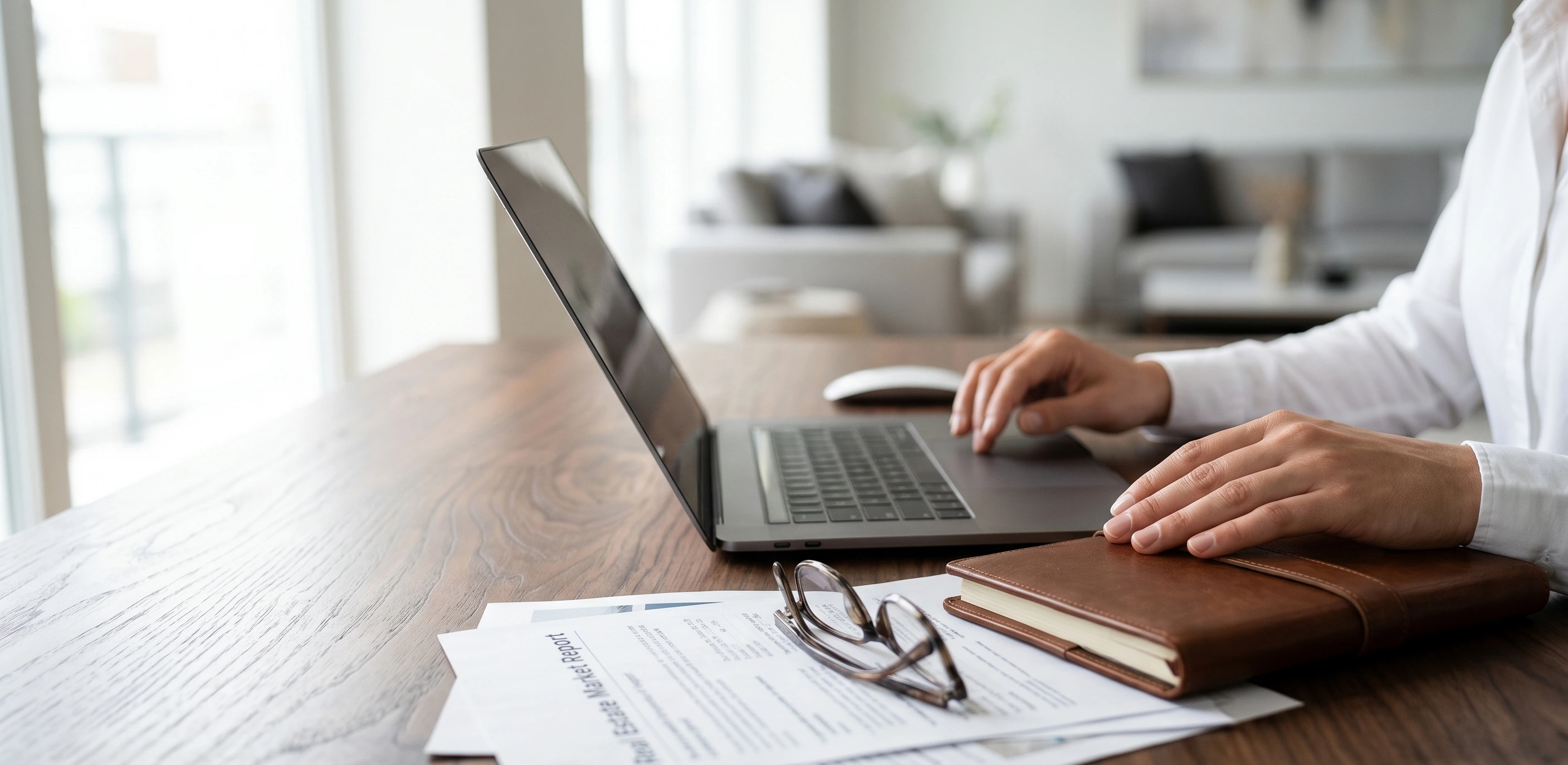 Photo real estate market report laptop desk